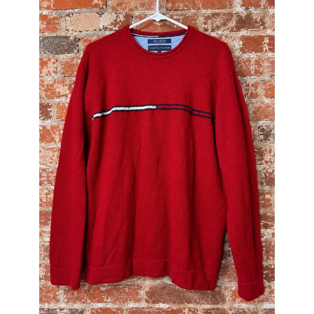 Tommy Hilfiger Mens Red 100% Lambswool Striped Crewneck Sweater XL Preppy Fall